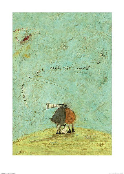 A man in a green coat leans against a round woman in a yellow coat romantically. Their white dog sits between them. They stand on top of a green hill. A red kite flies away from them.