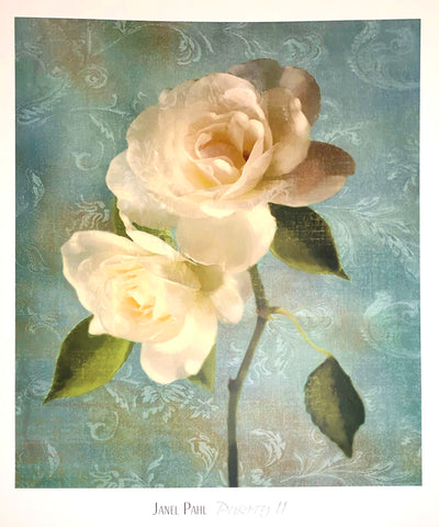 Two white roses with drooping green leaves, one which is falling off of it. Set on a blue background with teal floral designs.  Dimensions: 20" x 28" paper / 18" x 24" image