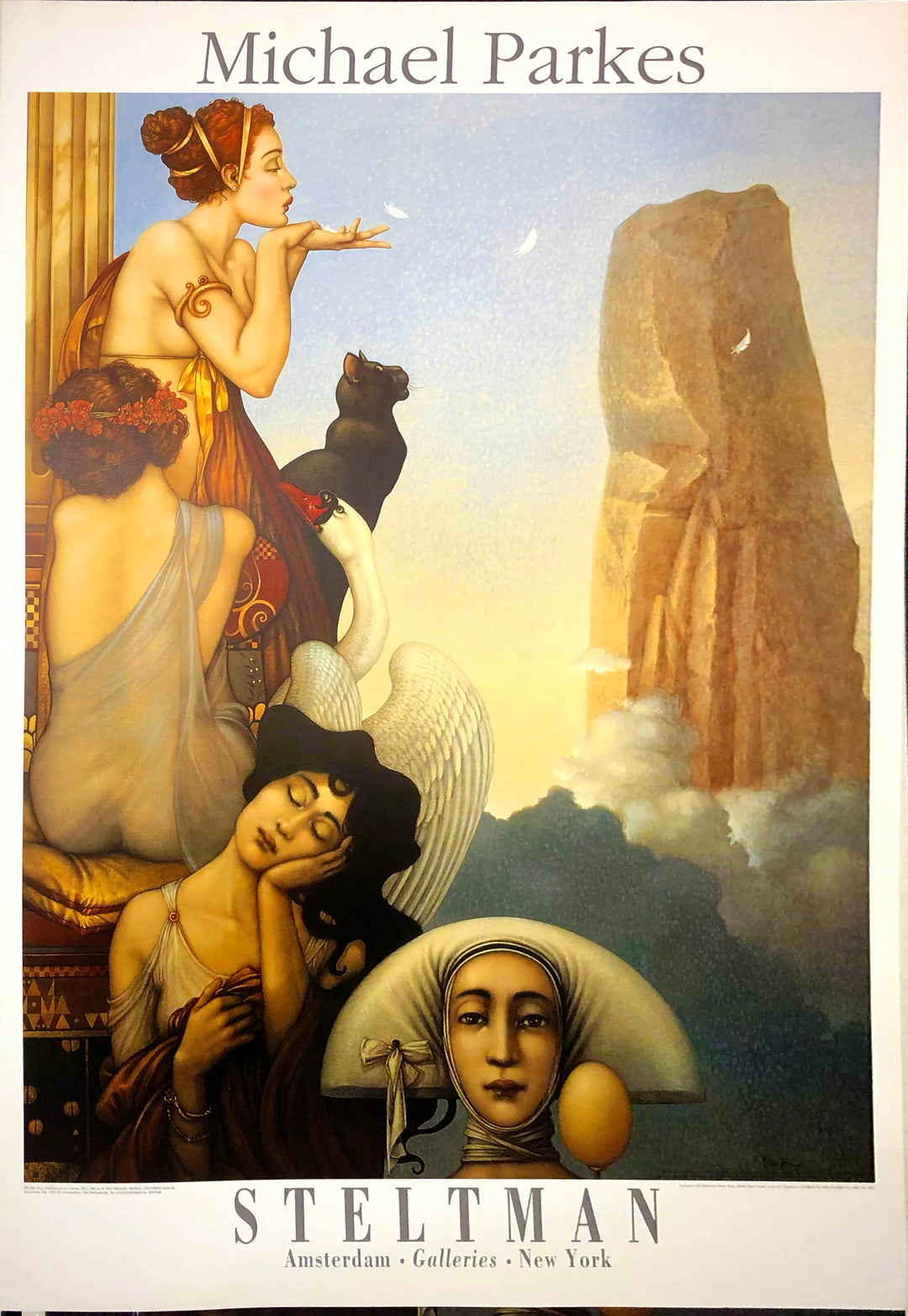 Four white women sit in front of a blue sky with a large rock in the distance. The one on the top has her red hair tied back and blows feathers into the air, a black cat at her feet. The next woman has a red flower crown in her brown hair and wears a see-through toga with her back to the viewer. The next rests her cheek on her palm, her dark hair short and wavy. A swan is perched behind her. The last woman wears a semi-circular headdress and holds an egg, only her head visible.   Dimensions: 24" x 34" paper