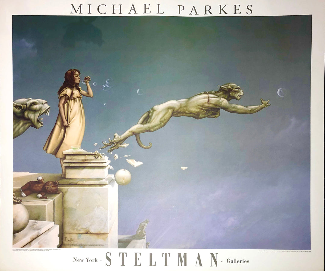 A young woman in with long dark hair and in a white dress blows bubbles on a marble structure. Two monstrous gargoyles leap off to catch the bubble. Dimensions: 31.5" x 27.5"