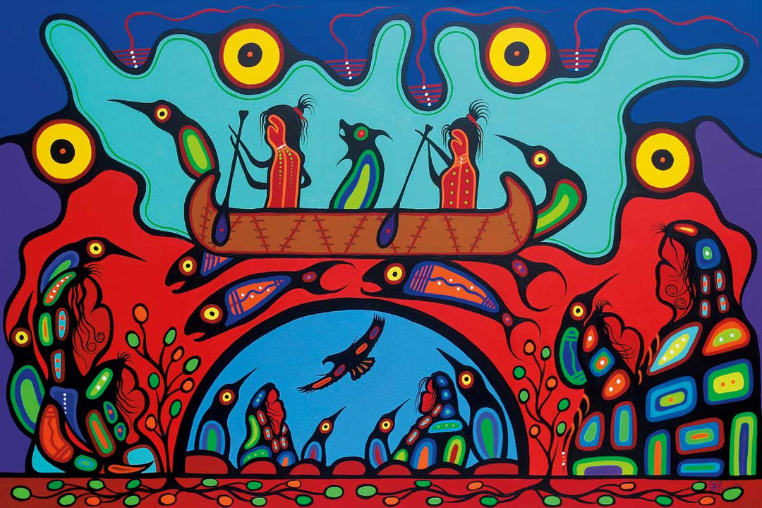 Indigenous men in a canoe paddle along, surrounded by animals and other Indigenous people watching them. Yellow eyes float around them.