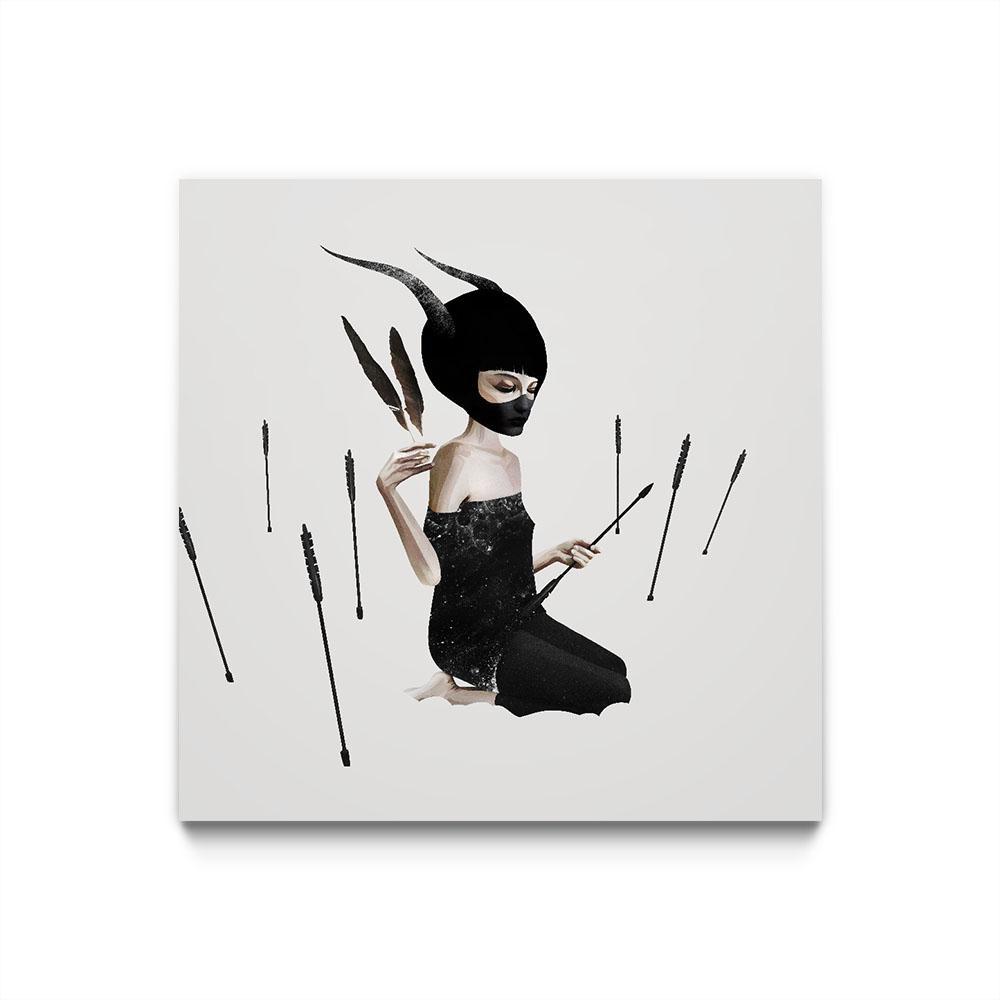 A slim, pale young woman sits in the snow with arrows sticking out of the snow, four on the left and three on the right. She has black horns and a black mask over her nose and mouth. She wears a black dress with her shoulders and collar bone exposed, and is barefoot. She hold two feathers in one hand and an arrow in the other.