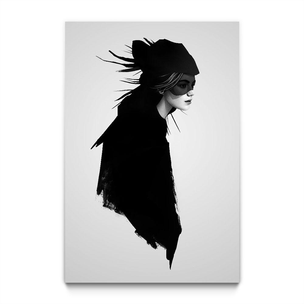 A woman in black on a grey background and veil over her eyes.