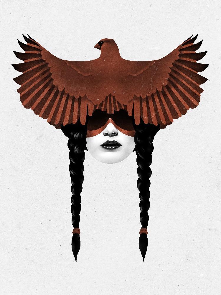 The head of a pale woman with two long, black braids. A burnt-umber cardinal sits on her head like a headdress, its back to the viewer and wings spread out. Her eyes are obstructed by shadow. An umber line is painted across her face, under her eyes and across her nose. Set against a slate background.