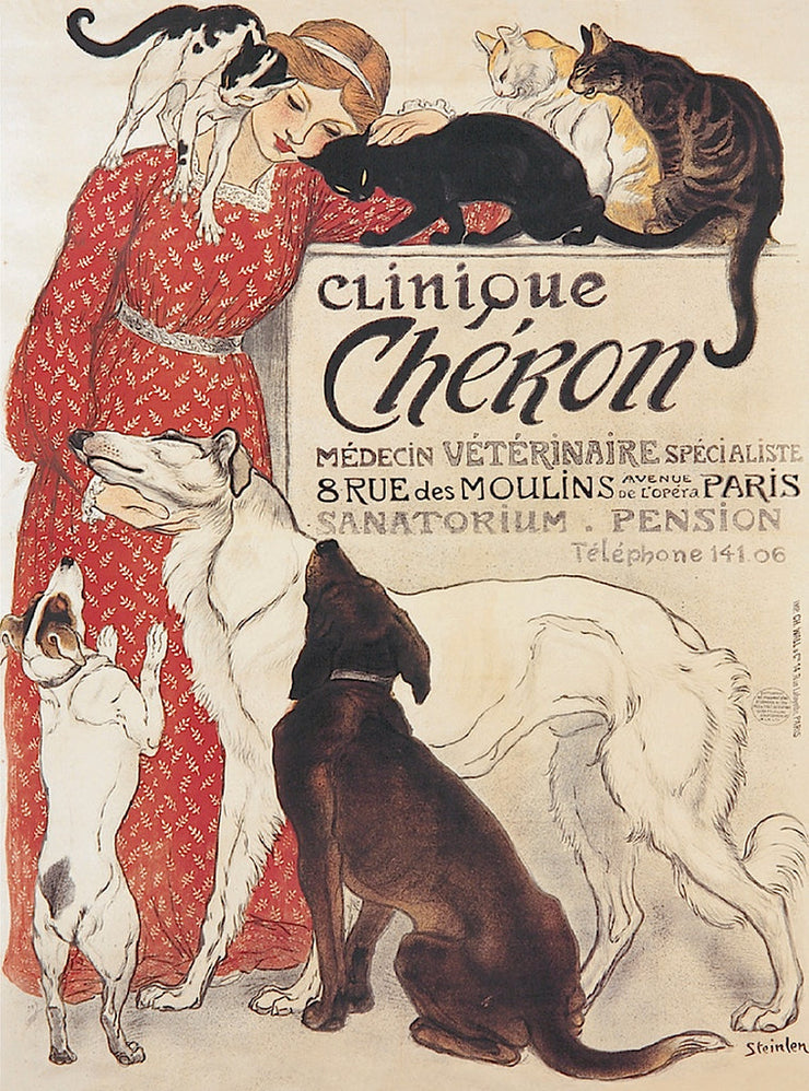 A woman in a red pets her cats and dogs.