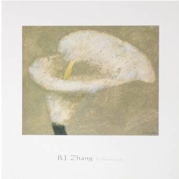 A white flower cups its yellow stamen. Set on a beige background.