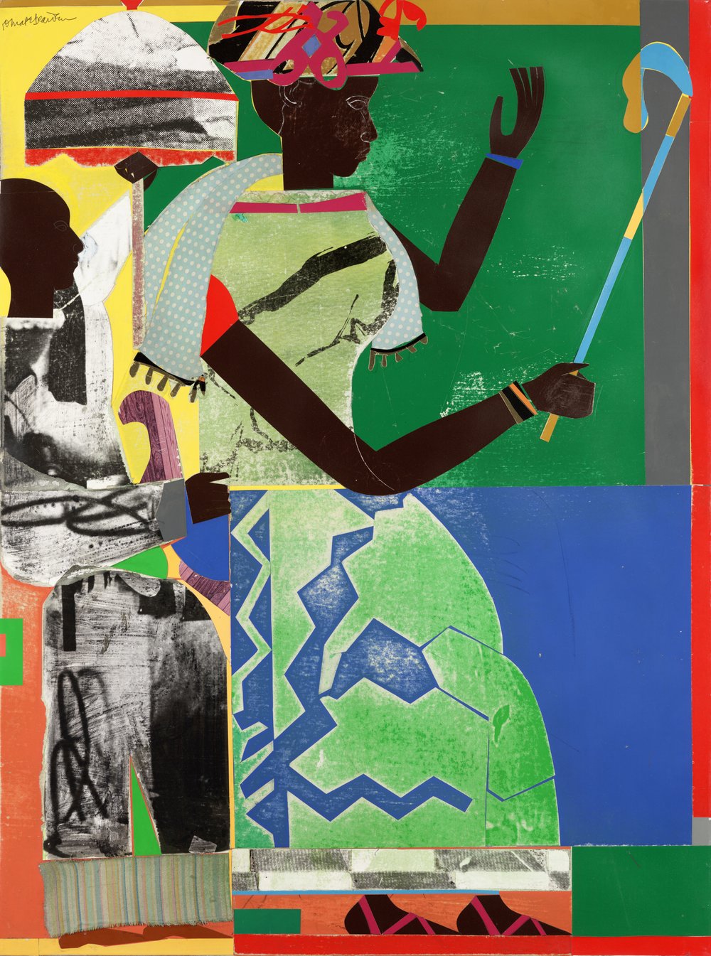 A collage of a black queen with a blue scepter. She wares a crown and a green gown with red sandals. Her attendant wears black and white and carries an umbrella for her.