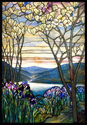 A stain glass of flowers and blooming trees overlooking a valley.