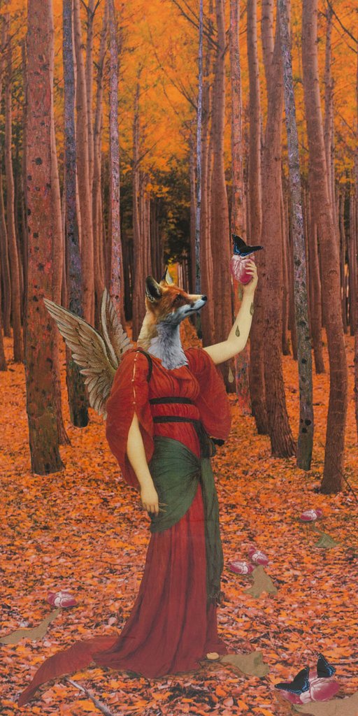 A fox-headed woman with wings stands in a red dress with a green sash around her waist holds up a human heart with a butterfly on it. She is in a forest, orange leaves in the trees and covering the ground. Hearts lay on the ground, two butterflies on one.