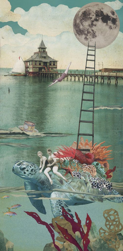 A sea turtle swims in tropical water. Two black and white women in one piece bathing suits ride the turtle, who has sea vegetation growing on it. From the shell is a ladder which leads to the moon. In the distance an elevated boardwalk leads to a building with a sailboat next to it in the water.