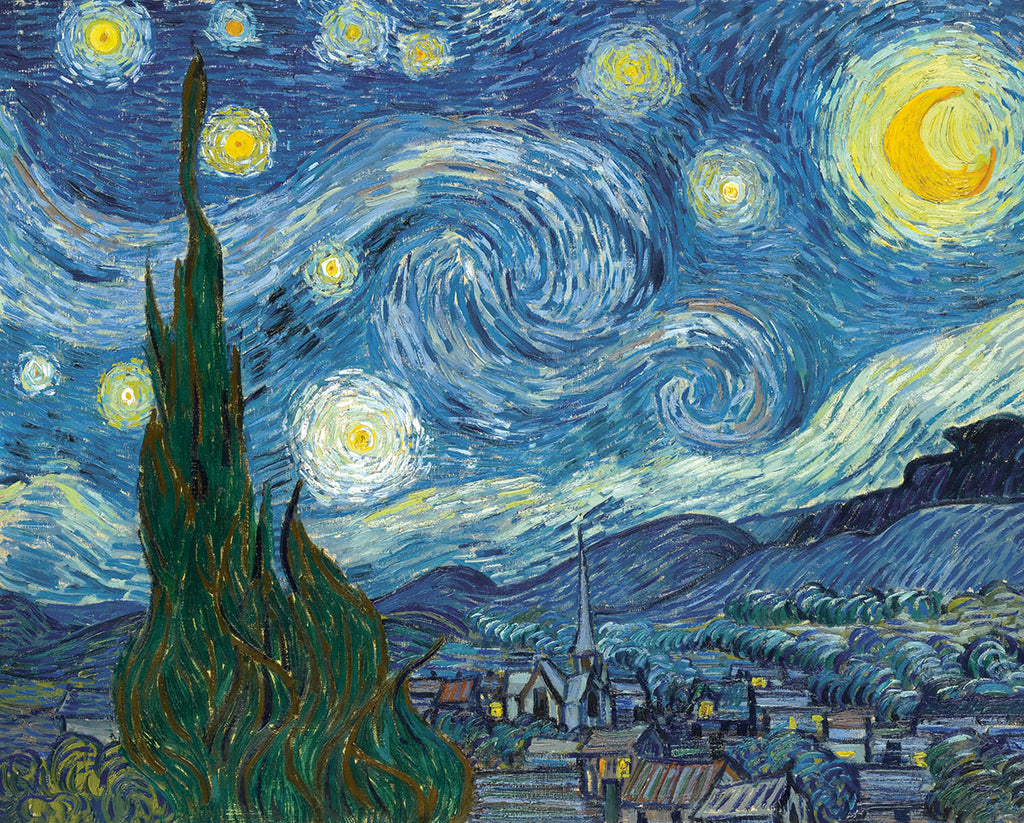 A night lit by glowing stars and the crescent moon. Winds curl over a small town. A green tree towers next to the town.
