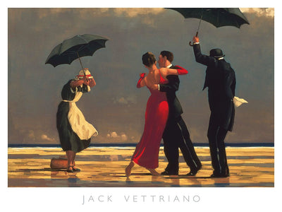 A man in a suit and a woman in a red dress dance on a beach. On one side of the couple a man in a suit and hat holds an umbrella. On the other side a woman in a blue dress and apron holds another umbrella.