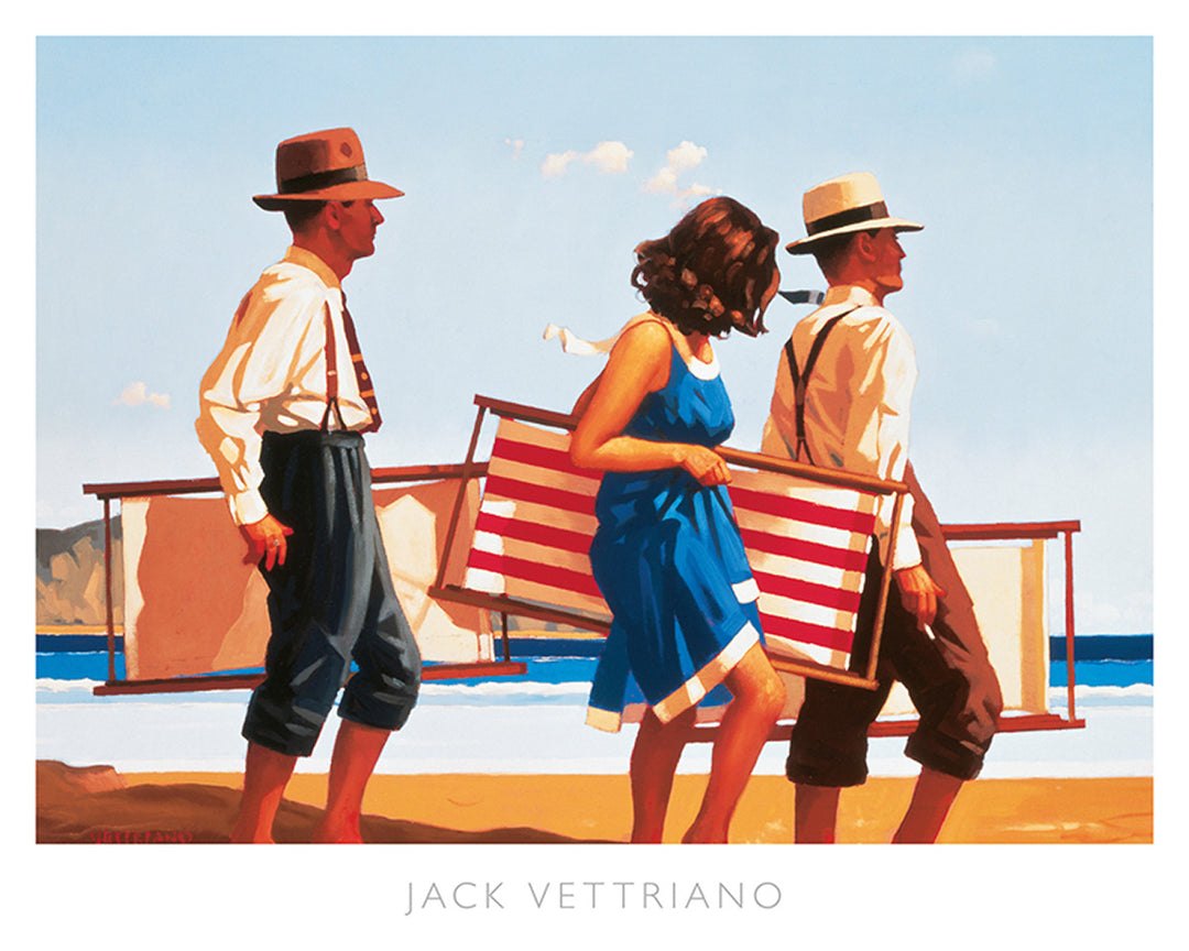 A woman in a blue dress that ends above the knees walks along the beach with a stripped beach chair. Two men are on either side of her doing the same, the men in suspenders and hats with collared shirts.