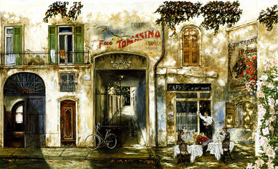 An old french street. A long passage can be seen with a bike at its entrance. Next to the passage is a cafe with two tables with white tablecloths on them. At one table is a man in brown with a newspaper. At the other table is a man in green with a newspaper. Between them a woman in red rests her legs on the table of the man in green. A waiter comes out of the restaurant behind them.
