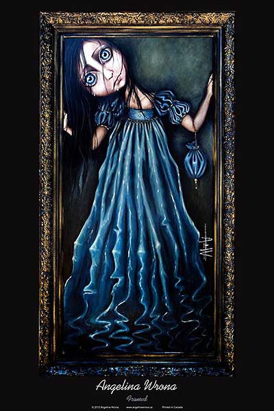 A doll-like girl in a blue dress appears cramped inside a regal frame. Tears stream down her neutral face.
