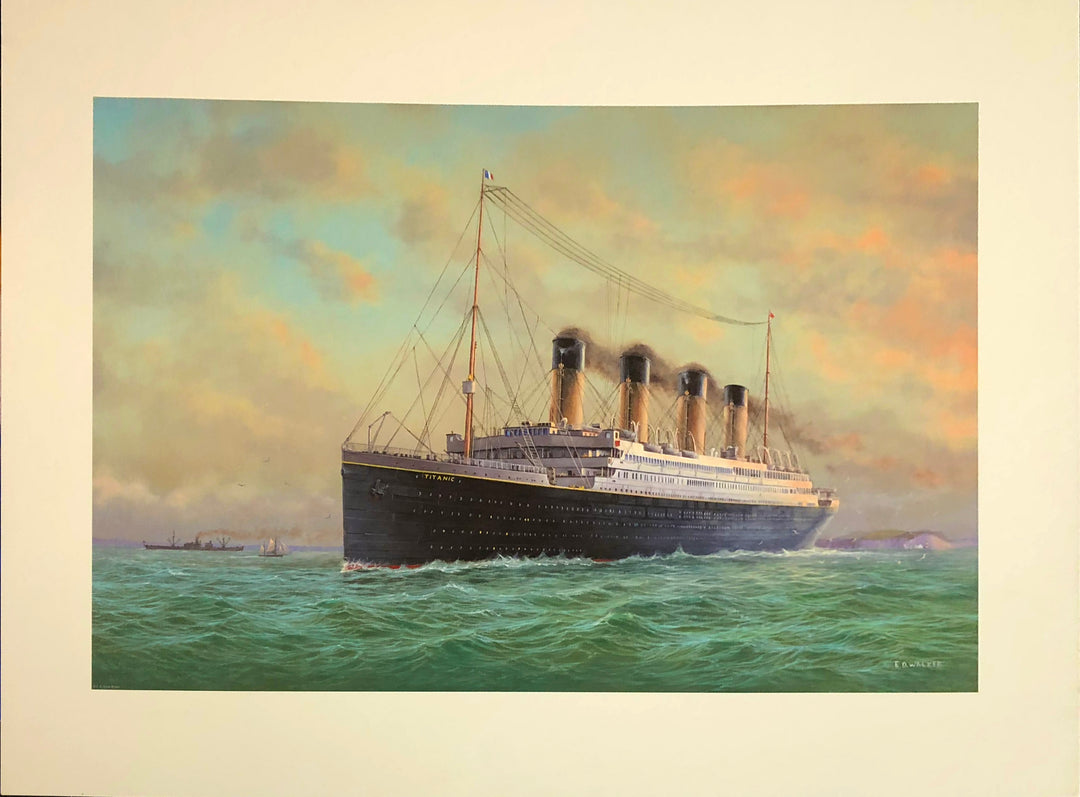 A boat with a black hull and white top. It has four smoke stacks with orange bases and black tops. There is a mast at either end connected with ropes. The boat chugs along the surface of the ocean, two other boats in the distance.