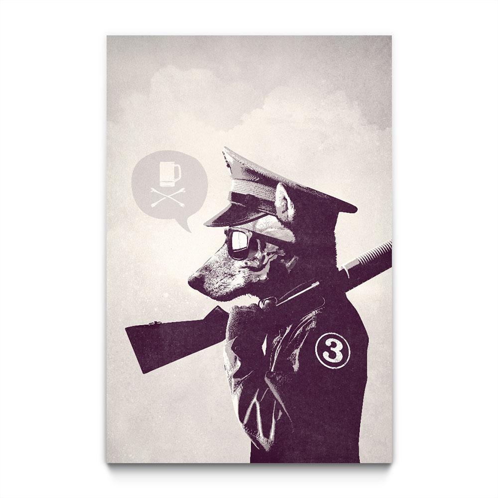 Side profile black and white. A dog headed man with a pointed snout wearing an officer's cap, sunglasses. and a leather jacket. His jacket has a 3 on it. Holds his shotgun over his shoulder with a leather glove over his hand. A speech bubble has a coffee mug with crossbones underneath it,