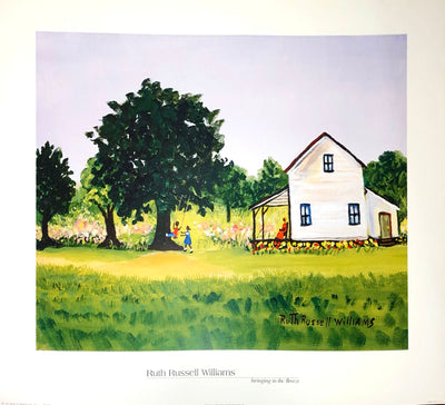 A white house with three windows sits next to a few trees on a grassy field. A black mother watches her children playing with the tree swing from the porch.  Dimensions: 22" x 28" paper / 17" x 23" image