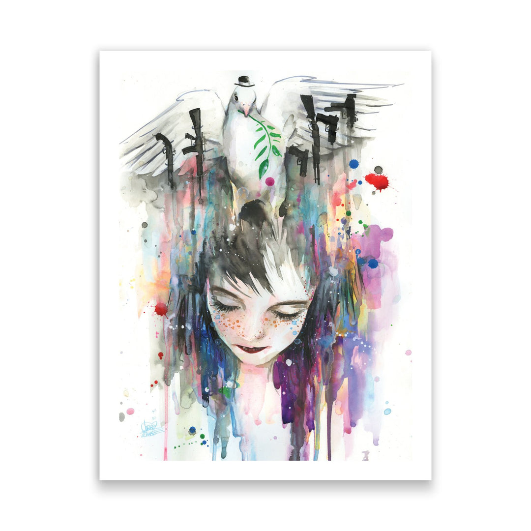 A white dove with a tiny bowler hat stands on the head of a girl. Guns point down from the bird's wings. It holds an olive branch in its beak. Paint splatters the background.