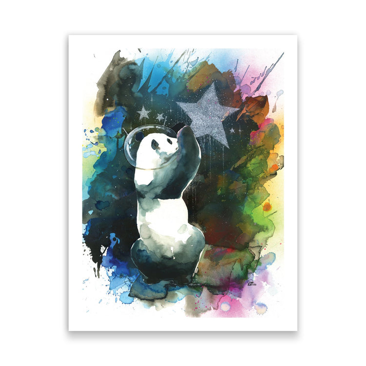 A panda bear in a fishbowl space helmet grabs a sparkling, glittery star. Set on a black background with colourful edges like splattered paint.
