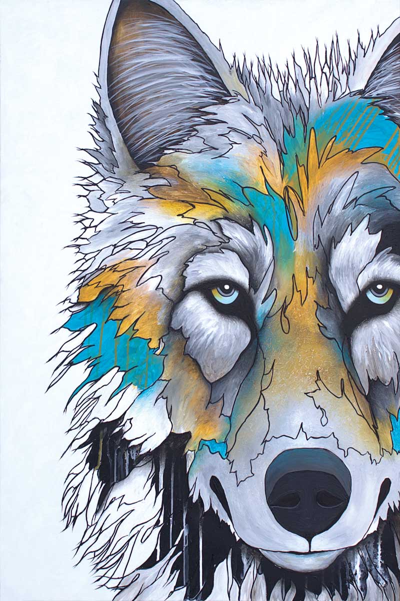A portrait of a wolf set against a white background.