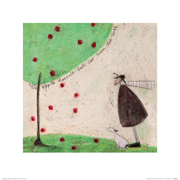 A man in a long brown coat, white scarf, and wide brimmed hat stands with his white dog on a hill. They stand in front of an apple tree, apples falling off of the tree.
