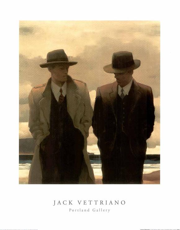 Two men in dark suits and brimmed hats walk away from a beach. One wears a trench coat.