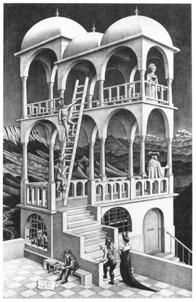 A black and white impossible building. A man sits outside with an impossible cube. Two women walk up the steps. A man is imprisoned beneath the building. Two men climb up a ladder from the first floor to the second floor where a woman is looking out.