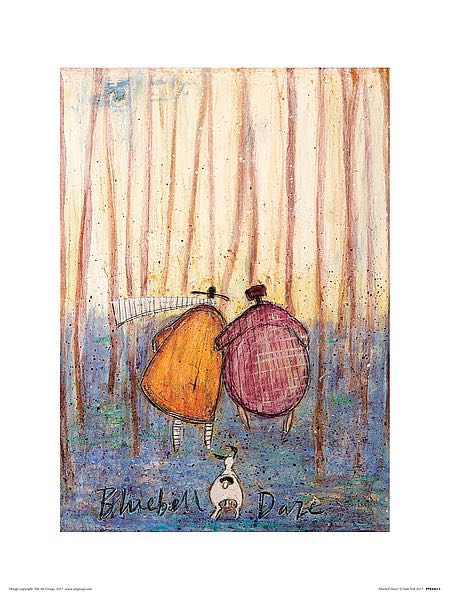 A man in a yellow coat walks through a spindly forest with a woman in a rose coat. Their white dog walks behind them. Bluebells cover the forest floor that they walk along.