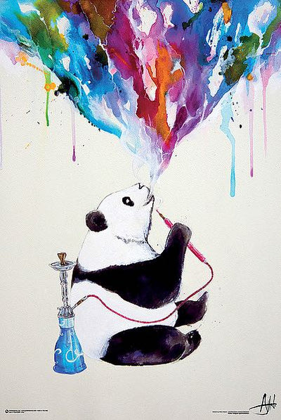 A panda sits, smoking hukah. The smoke is a multitude of colours.