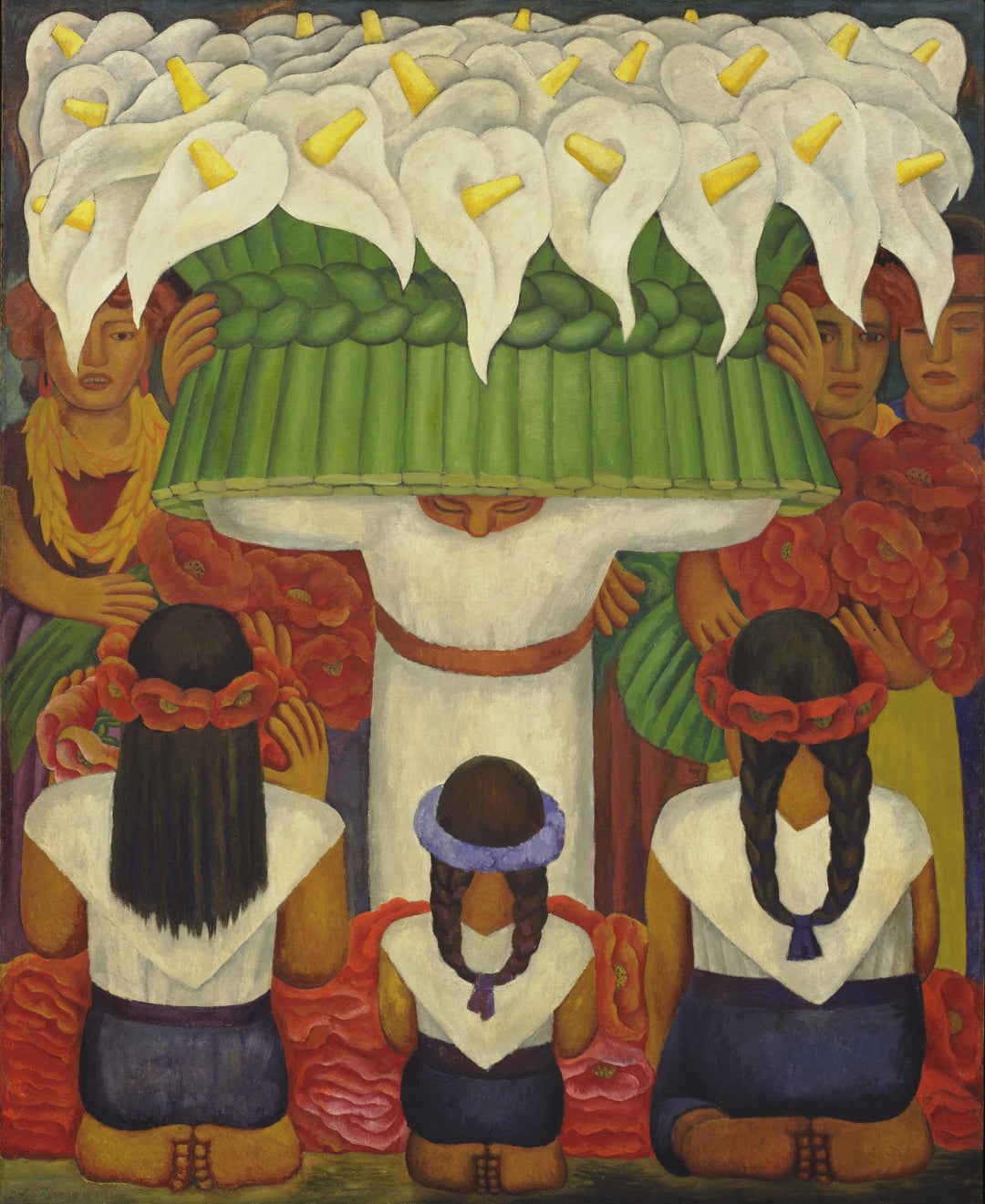 Typography below image: Diego Rivera; Museum of Modern Art, New York  A person in a white robe with a red waistband holds up a bunch of white flowers. People stand behind the figure. Young women and a girl with their backs turned to the viewer wear white shirts and dark blue dresses, with flowers around their heads. They hold out flowers to the figure.