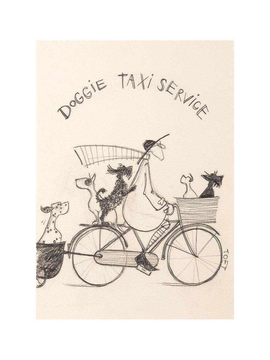 A man in a long coat rides a bicycle with a tub in tow. Dogs sit in the bike basket, behind the man, and in the tub.