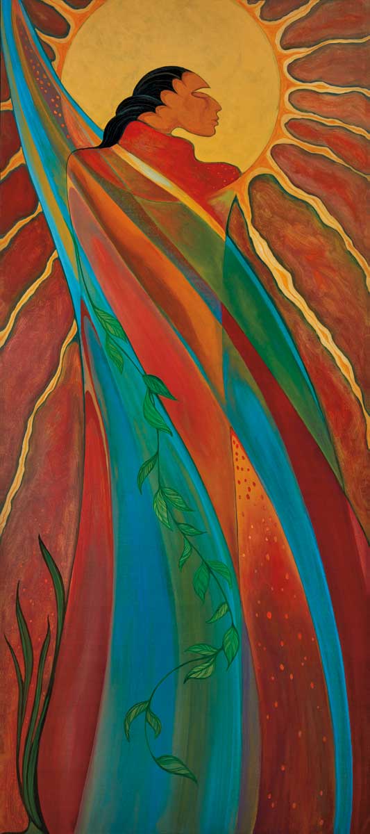 An Indigenous person in blue, reds, and green. A blazing sun creates a halo around their head.