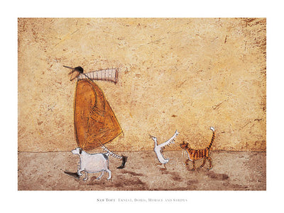 A man in a mustard coat walks with his dog, a duck, and a stripped cat. 