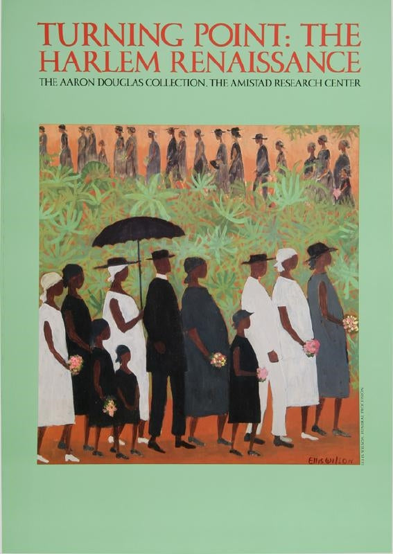 Black people line up behind each other in black and white clothes. One woman carries an umbrella. More people can be seen in line in the distance, separated by a lush hedge.