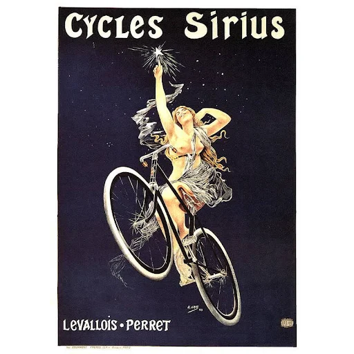 Vintage poster of a woman on a bicycle reaching up to touch a star with text written above and below.