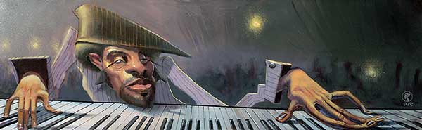 A black man playing the piano, yellow lights behind him. He wears a purple shirt with a tweed cap.