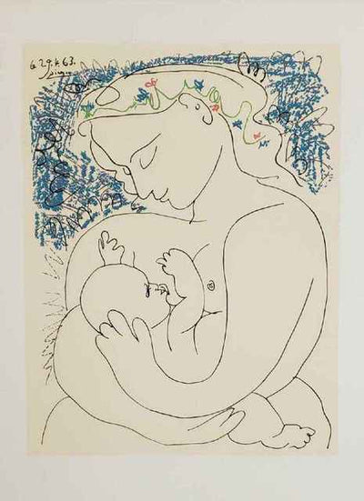 line drawing of a mother breastfeeding her baby with flowers drawn into her hair. Blue lines surround her head.