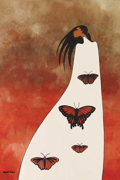 An Indigenous person in a white gown with four monarch butterflies on it. Set against a fiery background.