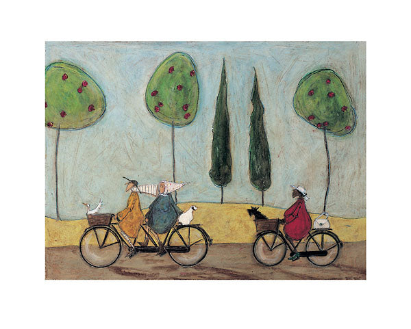 A Caucasian man and his wife go for a bicycle ride with their duck and dog. A Black woman cycles up behind them with her own dog. They cycle by apple and cypress trees.