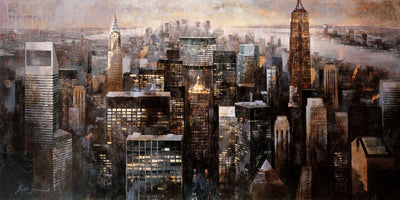 The viewer overlooks the city of Manhattan, New York City. The Chrysler and Empire State buildings are in view. The rivers can be seen on either side of the urban landscape.