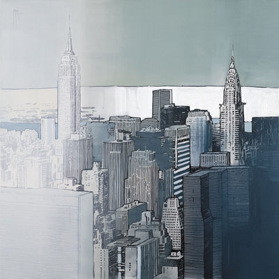 A print of a painted New York City skyline in blue.
