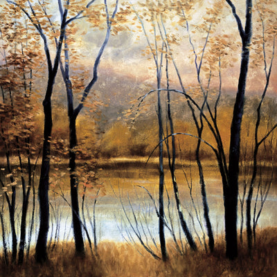 Golden yellow and rust coloured trees on the banks of a still lake