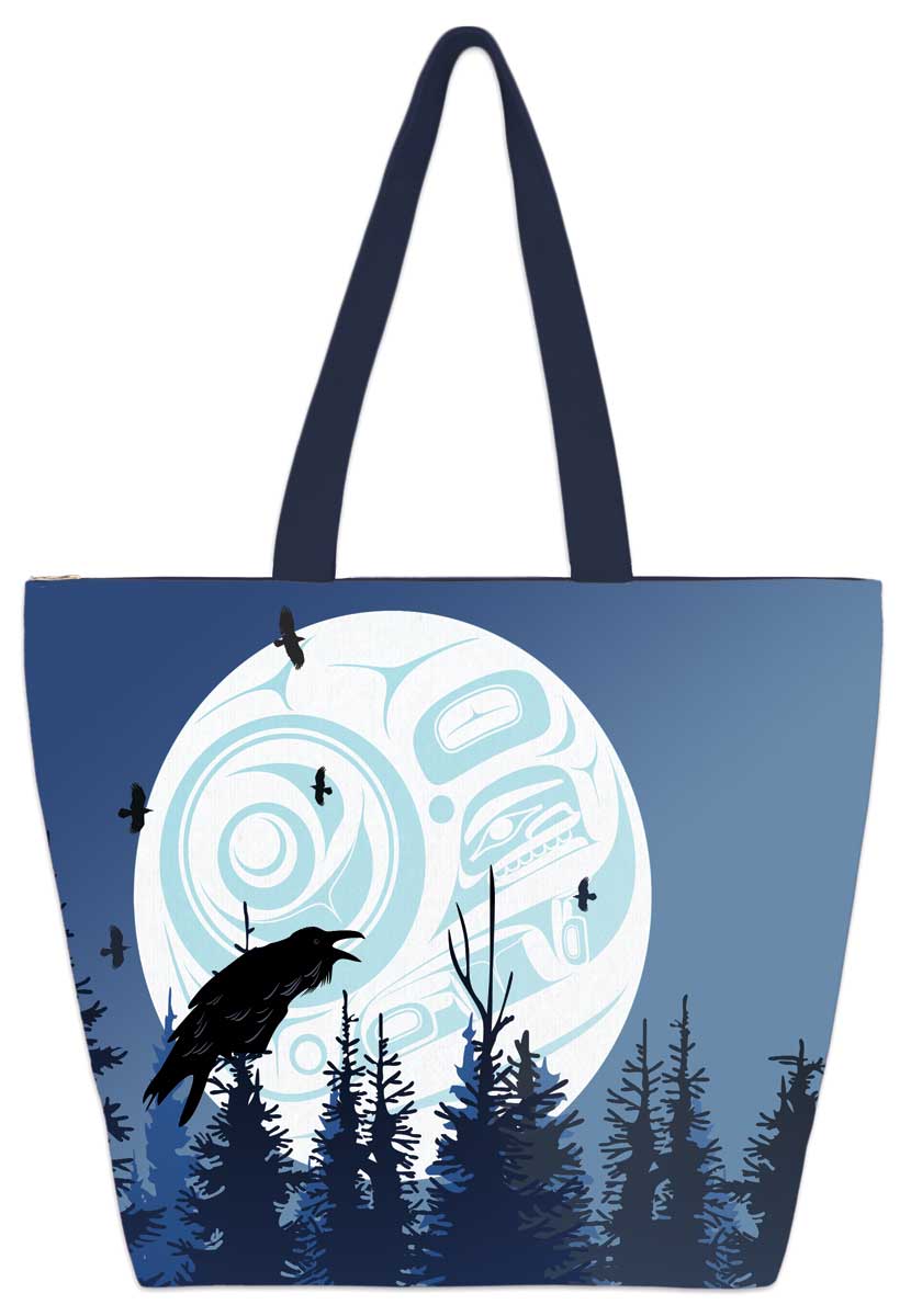 A silhouetted raven sits at the top of a pine tree. It caws into the night, the full moon behind it. More ravens fly around in the night. Set on a tote bag.