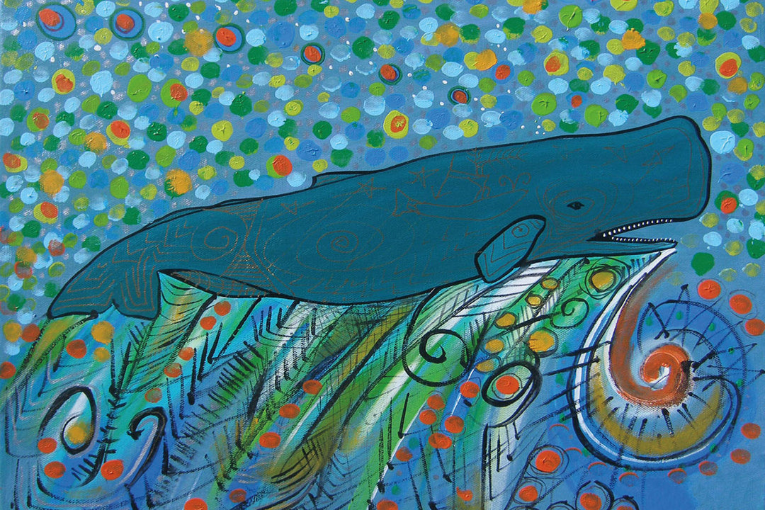 A sperm whale with petroglyph symbols drawn onto its body. It swims over abstracted, feathers/branches. Dots fill the space above the whale.