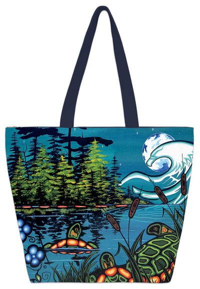 A night scene with a full moon. A spectral eagle sits in front of the moon. Turtles sit on the opposite shore of an island across the river. Set on a Tote bag.