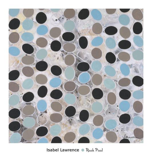 An abstract of black, blue. aquamarine, and brown ovals set on a grey, textured background.