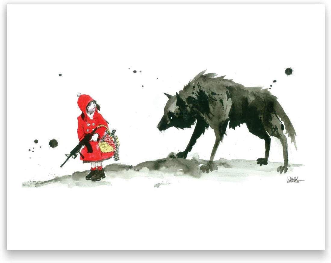 Lora Zombie - Little Red Riding Hood, girl in red hooded coat holding a rifle facing a black wolf, grunge watercolour fine art print