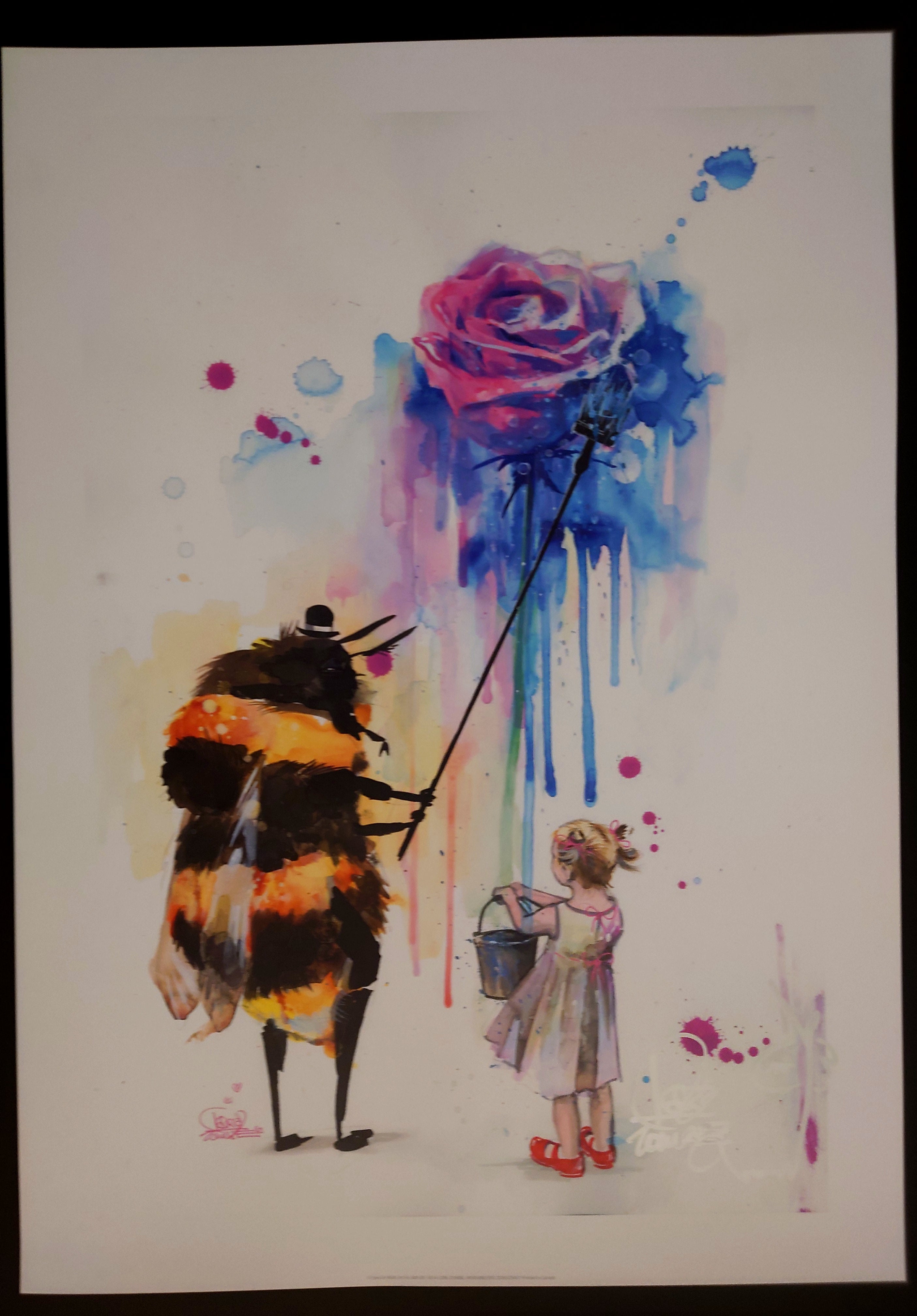 "Lora Zombie signed giclee print - Mr. Bumblebee, a dapper bumblebee in a small hat carefully paints a rose while a little blonde girl with short pigtails holds a bucket up as his willing assistant, tender and quietly magical"
Incurable Collector