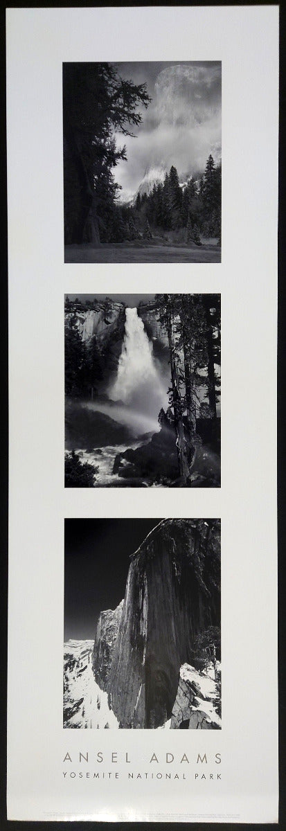 A vertical black and white art print featuring three photographs of Yosemite National Park by Ansel Adams, with the text 'ANSEL ADAMS YOSEMITE NATIONAL PARK' at the bottom.